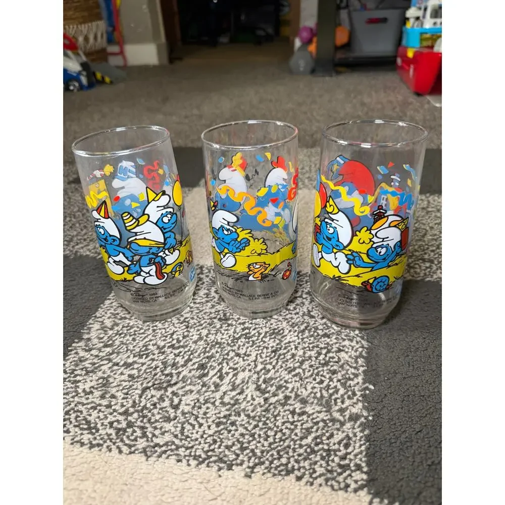 Smurf peyo 1983 set of 3‎ glasses handy harmony papa collectable vintage cartoon - Picture 6 of 6